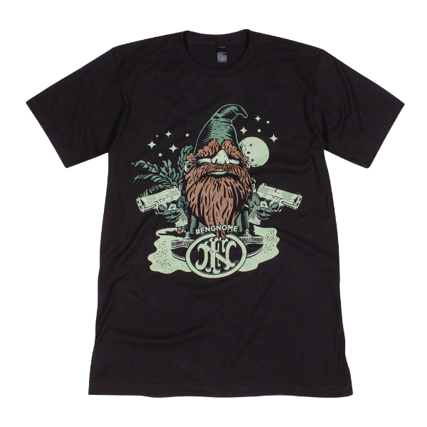 Black t-shirt with the Tactical Gnome image on the middle front.