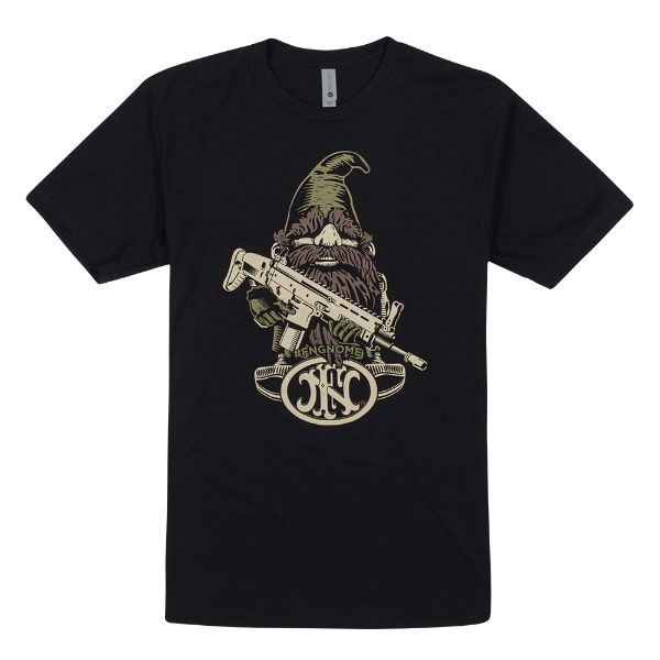 Black t-shirt with an illustration of the classic FN America Gnome in the front center.  He is holding a golden machine gun, and wearing a green hat. It is written "#FNGNOME" under him, with a dark version of the FN America logo under that.