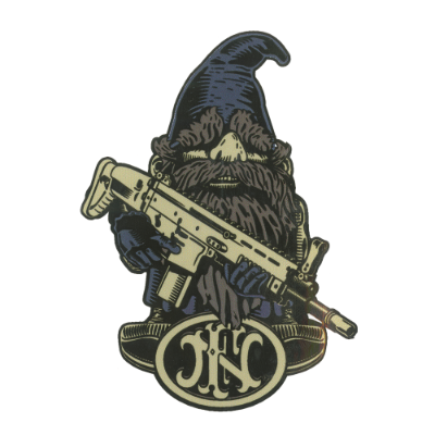 FN America SCAR Gnome Decal, he is wearing a blue gnome hat and holding a golden machine gun. Under it, there is a dark version of the FN America logo.