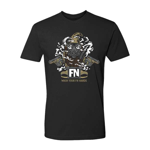 Black t-shirt from FN America Fallout Gnome Tee. The gnome is wearing a gas mask while holding a gun on each hand and wearing a beige gnome hat.