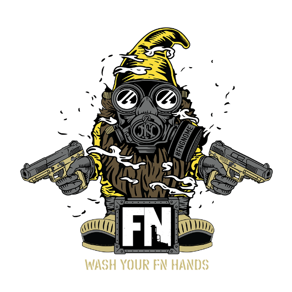 FN America Classic Gnome Decal with exclusive Fallout design. The gnome is wearing a gas maks and holding a gun on each hand, while wearing a yellow gnome hat.