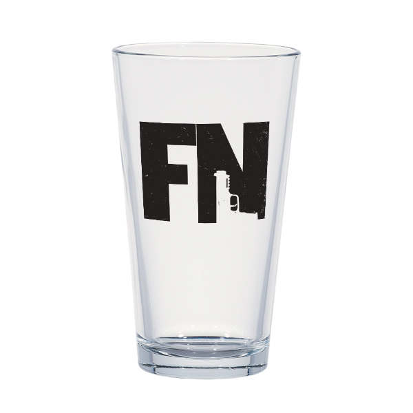 Transparent pint glass with a black FN sticker on it