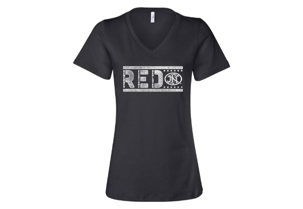 Black ladies v-neck shirt with R.E.D. written in white on the center