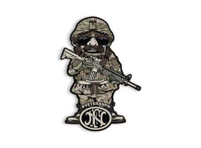Veteran Gnome Decal, he is wearing camouflage clothes and holding a machine gun, with "#VETERANFN" written underneath and a dark version of the FN America logo.