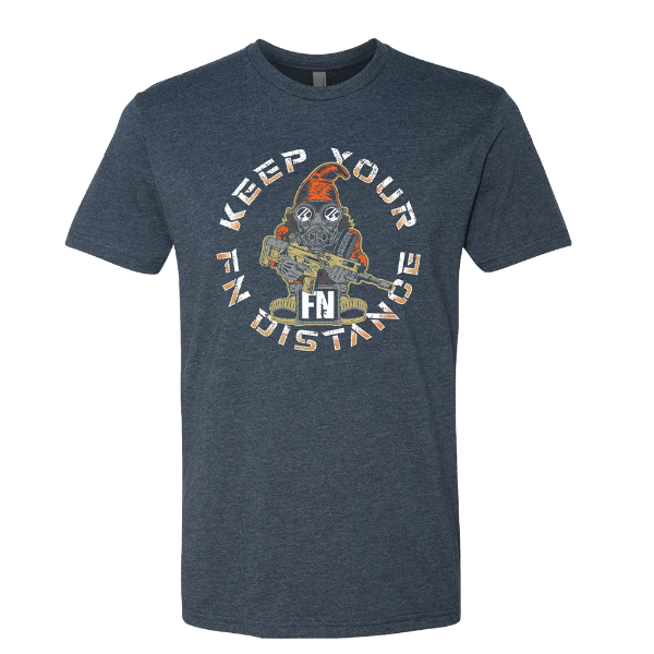 Blue Navy t-shirt with FN Gnome screen printed on the front middle.