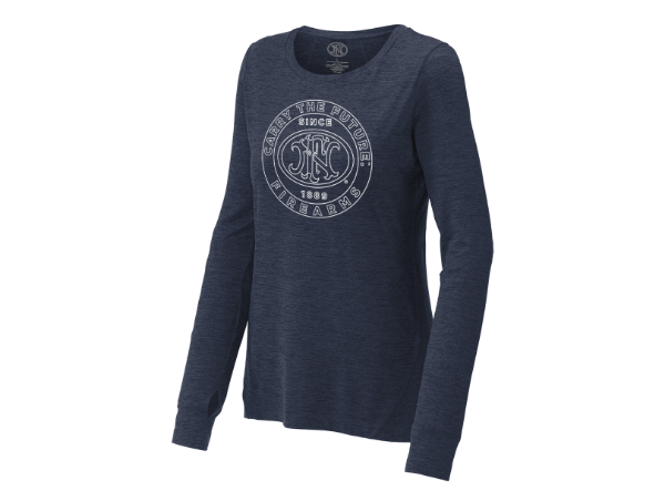 Blue long-sleeve ladies shirt written in white "Carry the future firearms" around the FN America logo