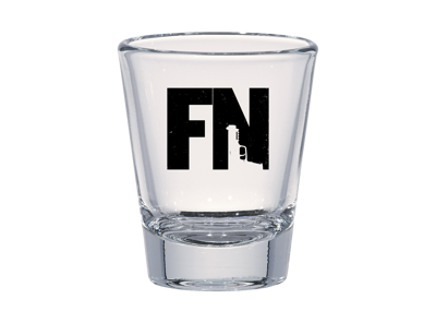 Transparent shot glass with a black FN logo printed on it
