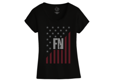 Black t-shirt with the american flag in red and white, and the FN America logo on the center