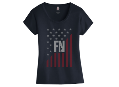 Black t-shirt with the american flag in red and white, and the FN America logo on the center