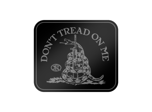 Black Tin sign with Don't Tread on Me written in white and a snake slithered around a machine gun