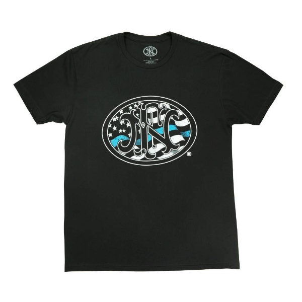Black tee with a blue line flag behind FN logo across chest