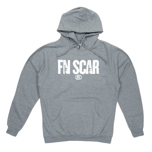 light grey hoodie with white FN SCAR across front