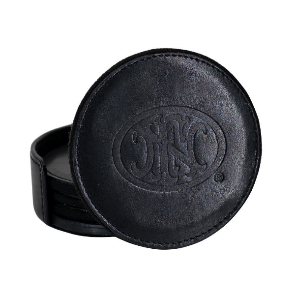 black leather coaster with case