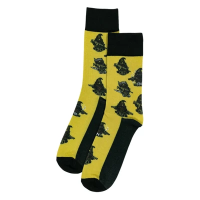 yellow and black socks with the gnomes illustration.