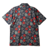 Red and black polyester button up tee shirt with flowers and FN firearms - back
