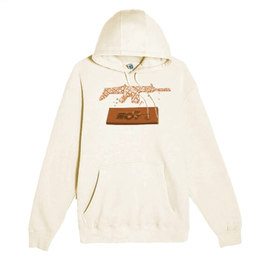White FN America sweatshirt with a chocolate/waffle version of a gun on the front-center