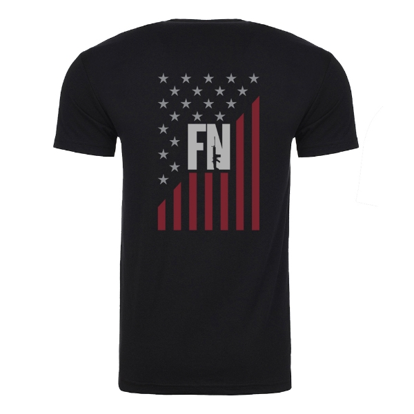 Black t-shirt with the american flag in red and white, with the FN logo printed in white on the middle