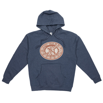 Heather navy hoodie with DTOM snake wrapped around the FN logo