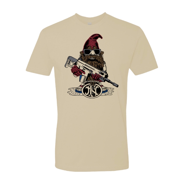 Beige t-shirt of FN eStore with a summer gnome illustration on the middle.