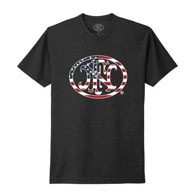 Black t-shirt from FN America with an american flag version of the FN logo on the center.