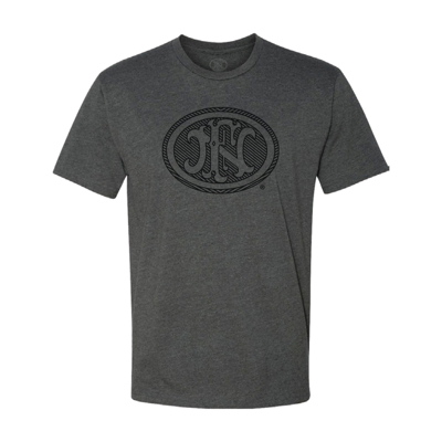 unisex charcoal tee with the a striped fn logo on the chest in black