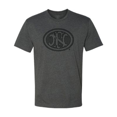 unisex charcoal tee with the a striped fn logo on the chest in black