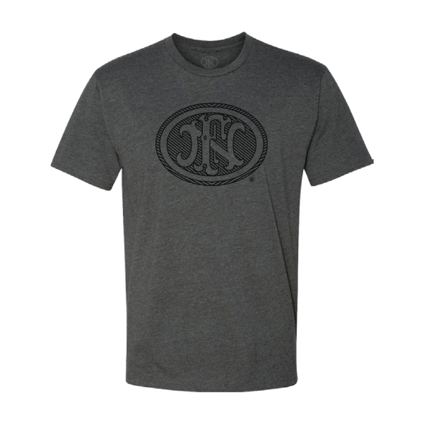 unisex charcoal tee with the a striped fn logo on the chest in black