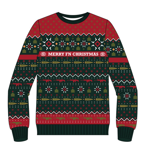 Image of a red and green sweater with a holiday FN pattern