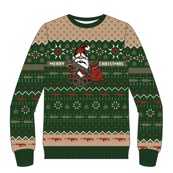 Image of a red and green Christmas sweater featuring an FN gnome