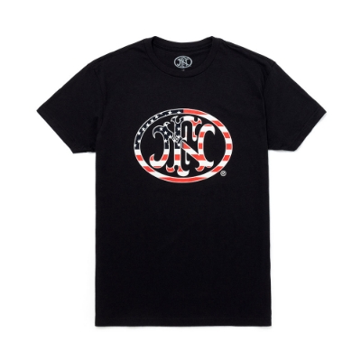 Black t-shirt from FN America with an American flag version of the FN logo on the center