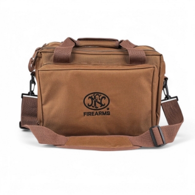 A medium-sized tan bag with the FN logo, shown with carrying handles and a shoulder strap. The bag has zippered compartments and is photographed against a white background.