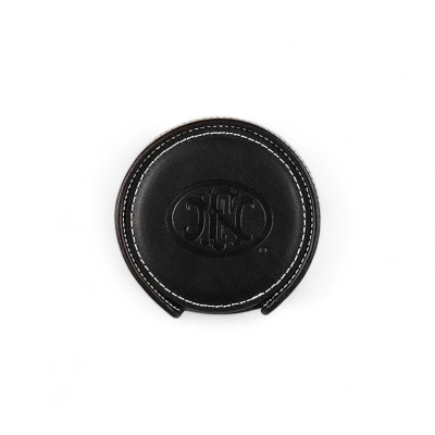 Set of bonded leather coasters with debossed FN logo in matching holder