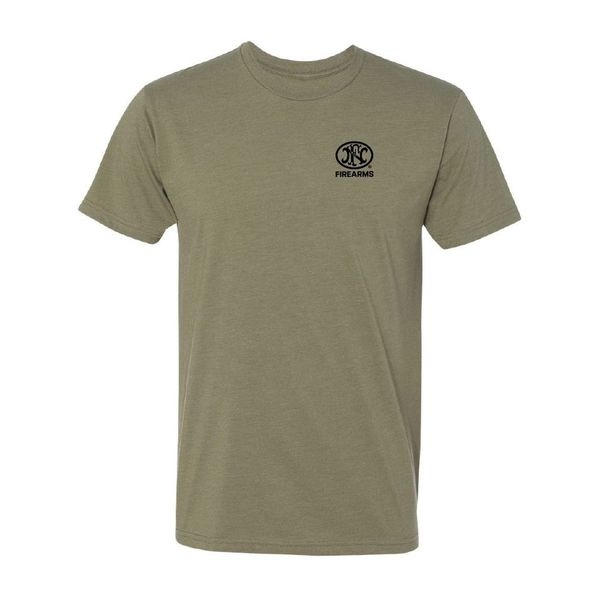 Military green short-sleeve t-shirt with the FN Firearms logo printed in black on the left chest.